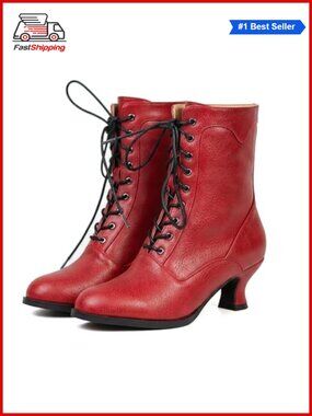 🎅 Women's Victorian Ankle Boots Mid Calf Round Toe Chunky Heel Lace Up